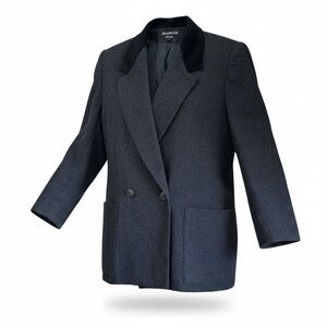 Vintage BRAEBROOK Black Wool and Leather trimmed Double Breasted Blazer - 11/12